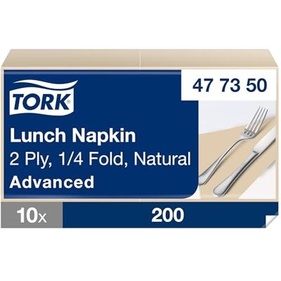 Tork Lunch Napkin Natural, 1/4 Fold, 2-Ply, 33 cm × 33 cm, 10 × 200 Napkins, 477350 Tork Lunch Napkin Natural, 1/4 Fold, 2-Ply, 33 cm × 33 cm, 10 × 200 Napkins, 477350