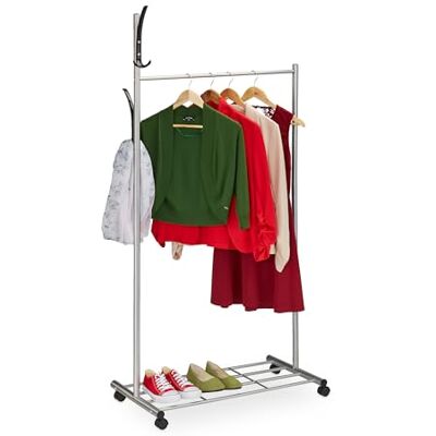 Relaxdays Garderobe mit Rollen, HBT: 165x80x44 cm, Metall, Ablage, mobiler Kleiderständer, Rollgarderobe, silber/schwarz Relaxdays Garderobe mit Rollen, HBT: 165x80x44 cm, Metall, Ablage, mobiler Kleiderständer, Rollgarderobe, silber/schwarz