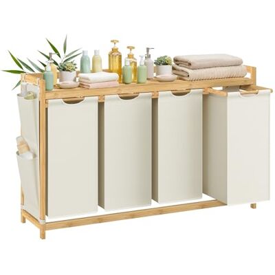 SONGMICS Wäschekorb 4 Fächer, Bambus, Wäschesammler 200 L, Wäschesortierer, mit Ablage, Wäschesack, kleine seitliche Taschen, Wäscheregal, 4 x 50 L, 124,6 x 33 x 78 cm, cremeweiß RLH120W01 SONGMICS Wäschekorb 4 Fächer, Bambus, Wäschesammler 200 L, Wäschesortierer, mit Ablage, Wäschesack, kleine seitliche Taschen, Wäscheregal, 4 x 50 L, 124,6 x 33 x 78 cm, cremeweiß RLH120W01