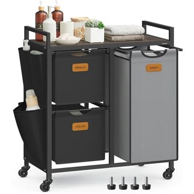 VASAGLE Wäschekorb, Wäschesammler, Wäschesortierer, Rollen, Wäschewagen mit Ablage, kleine seitliche Taschen, 6 Etiketten, 3 Fächer, 100 L, kastanienbraun-tintenschwarz-taubengrau BLH202B01 VASAGLE Wäschekorb, Wäschesammler, Wäschesortierer, Rollen, Wäschewagen mit Ablage, kleine seitliche Taschen, 6 Etiketten, 3 Fächer, 100 L, kastanienbraun-tintenschwarz-taubengrau BLH202B01