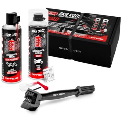 ERRECOM Clean&Lube Straßenmotorrad Kettenkit; enthält Hochdruckspray Kettenentfetter 500ml+ Straßenmotorrad Kettenschmiermittel 500ml+Huggie System und 90° Verlängerung+Bürste+Handschuhe ERRECOM Clean&Lube Straßenmotorrad Kettenkit; enthält Hochdruckspray Kettenentfetter 500ml+ Straßenmotorrad Kettenschmiermittel 500ml+Huggie System und 90° Verlängerung+Bürste+Handschuhe