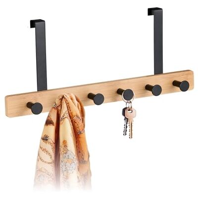 Relaxdays Türgarderobe, 6 Haken, Hakenleiste zum Einhängen, für 2 cm Tür, Bambus & Metall, Kleiderhaken, natur/schwarz Relaxdays Türgarderobe, 6 Haken, Hakenleiste zum Einhängen, für 2 cm Tür, Bambus & Metall, Kleiderhaken, natur/schwarz