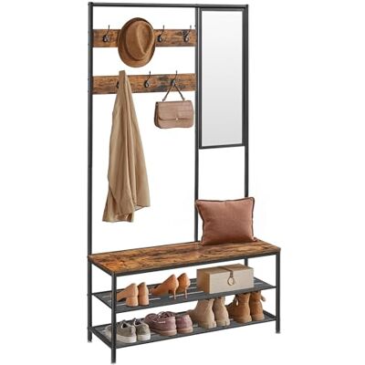 VASAGLE Kleiderständer, Garderobe, Garderobenständer mit Haken, Spiegel, Sitzbank, 35 x 98 x 180 cm, für Eingangsbereich, Schlafzimmer, Wohnzimmer, Industrie-Design, vintagebraun- schwarz HSR415B01 VASAGLE Kleiderständer, Garderobe, Garderobenständer mit Haken, Spiegel, Sitzbank, 35 x 98 x 180 cm, für Eingangsbereich, Schlafzimmer, Wohnzimmer, Industrie-Design, vintagebraun- schwarz HSR415B01