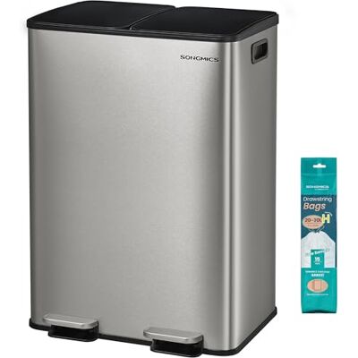 SONGMICS Mülleimer Küche, 2 x 30 Liter, 2 Fächer, Abfalleimer, Tretmülleimer, Küchenmülleimer mit Softclose-Deckel und Inneneimer, Edelstahl, inklusive 15 Müllbeutel, silbern LTB741EZ01 SONGMICS Mülleimer Küche, 2 x 30 Liter, 2 Fächer, Abfalleimer, Tretmülleimer, Küchenmülleimer mit Softclose-Deckel und Inneneimer, Edelstahl, inklusive 15 Müllbeutel, silbern LTB741EZ01