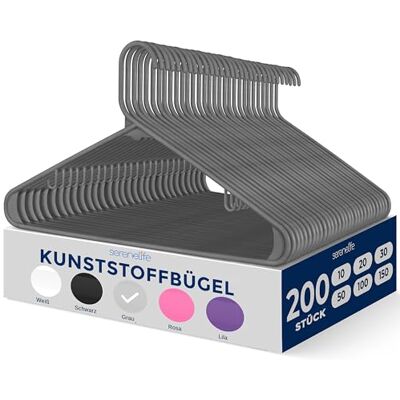 SereneLife Kleiderbügel Kunstoff, 200 Stück Kleiderbügel Platzsparend, rutschfeste Bügel 0,6cm dick, 42cm lang, Robuste Hangers für Kleideraufbewahrung & Organisation, Grau SereneLife Kleiderbügel Kunstoff, 200 Stück Kleiderbügel Platzsparend, rutschfeste Bügel 0,6cm dick, 42cm lang, Robuste Hangers für Kleideraufbewahrung & Organisation, Grau
