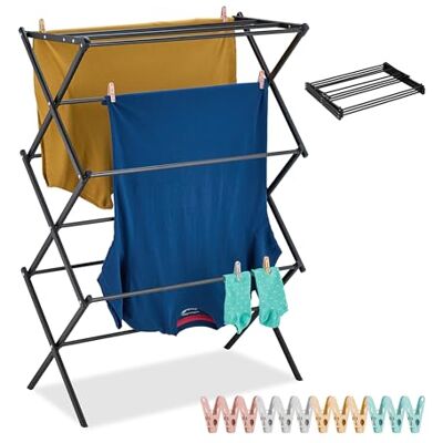 Relaxdays Wäscheständer klappbar, 11 Stangen, HxBxT: 105 x 74 x 37 cm, Metall, platzsparender Turmwäscheständer, schwarz Relaxdays Wäscheständer klappbar, 11 Stangen, HxBxT: 105 x 74 x 37 cm, Metall, platzsparender Turmwäscheständer, schwarz