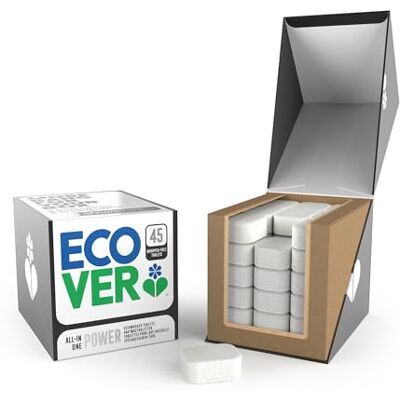 ECOVER Spülmaschinentabs Power, mit Geschirrspülsalz und Klarspüler, kraftvolle Reinigung, Mandarinen- und Zitronengrasduft, 45 Tabs Packung ECOVER Spülmaschinentabs Power, mit Geschirrspülsalz und Klarspüler, kraftvolle Reinigung, Mandarinen- und Zitronengrasduft, 45 Tabs Packung