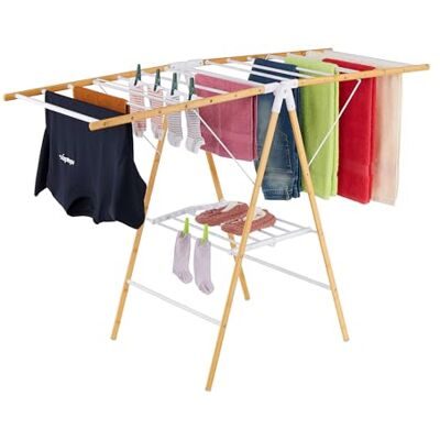 Relaxdays Wäscheständer, klappbar, 2 Ebenen, HxBxT: 100 x 148 x 56 cm, Bambus & Metall, Flügelwäscheständer, Natur/weiß Relaxdays Wäscheständer, klappbar, 2 Ebenen, HxBxT: 100 x 148 x 56 cm, Bambus & Metall, Flügelwäscheständer, Natur/weiß