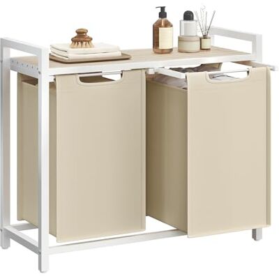 VASAGLE Wäschekorb 2 Fächer, Wäschesammler mit Ablage, Wäschebox, Wäschesack aus Oxford-Gewebe abnehmbar, Metallrahmen, 2 x 46 L, 73 x 33 x 72 cm, cappuccinobeige-naturbeige BLH201LH01 VASAGLE Wäschekorb 2 Fächer, Wäschesammler mit Ablage, Wäschebox, Wäschesack aus Oxford-Gewebe abnehmbar, Metallrahmen, 2 x 46 L, 73 x 33 x 72 cm, cappuccinobeige-naturbeige BLH201LH01