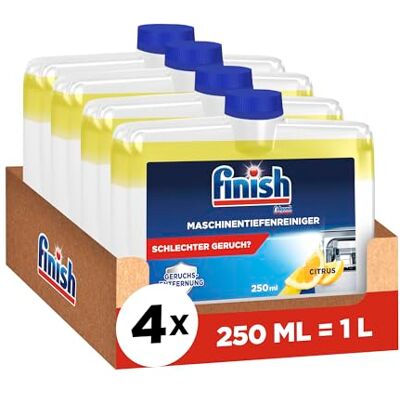 Finish Maschinentiefenreiniger Citrus, flüssiger Maschinenreiniger gegen Kalk und Fett für eine saubere Spülmaschine, Sparpack mit 4 x 250 ml Maschinenpfleger mit Zitronenduft Finish Maschinentiefenreiniger Citrus, flüssiger Maschinenreiniger gegen Kalk und Fett für eine saubere Spülmaschine, Sparpack mit 4 x 250 ml Maschinenpfleger mit Zitronenduft