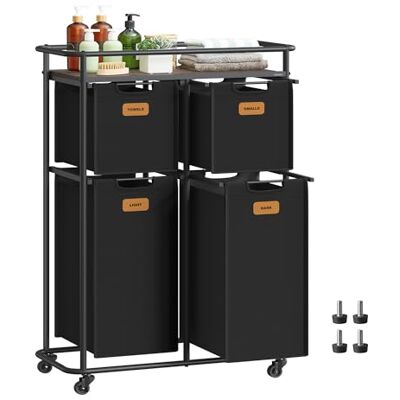 VASAGLE Wäschesammler mit Rollen, Wäschekorb 4 Fächer, 150 L, Wäschesortierer mit Ablage, Wäschewagen, abnehmbare Taschen, 6 Etiketten, Waschküche, tintenschwarz-kastanienbraun RLS100B01 VASAGLE Wäschesammler mit Rollen, Wäschekorb 4 Fächer, 150 L, Wäschesortierer mit Ablage, Wäschewagen, abnehmbare Taschen, 6 Etiketten, Waschküche, tintenschwarz-kastanienbraun RLS100B01