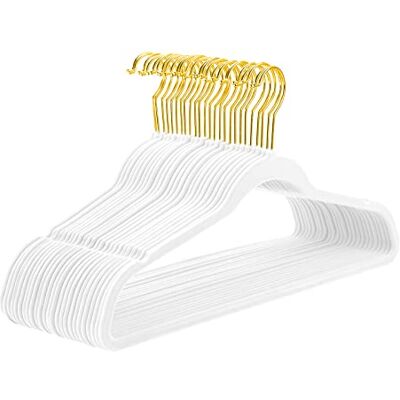 MIZGI Hochwertige Samt-Kleiderbügel, 50 Stück, strapazierfähig, rutschfest, schlank, Samt, weiß, Goldfarbene Haken, platzsparende Kleiderbügel MIZGI Hochwertige Samt-Kleiderbügel, 50 Stück, strapazierfähig, rutschfest, schlank, Samt, weiß, Goldfarbene Haken, platzsparende Kleiderbügel
