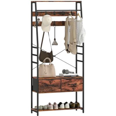 HOMCOM Garderobenständer, Kleiderständer mit 10 verstellbaren Haken, Schuhbank, Stoff-Schublade, Kleiderstange, Industrie-Design Garderobe für Flur, Schlafzimmer, Rustikal-Braun, Höhe 180 cm HOMCOM Garderobenständer, Kleiderständer mit 10 verstellbaren Haken, Schuhbank, Stoff-Schublade, Kleiderstange, Industrie-Design Garderobe für Flur, Schlafzimmer, Rustikal-Braun, Höhe 180 cm