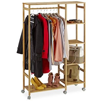 Relaxdays Rollgarderobe Bambus, mobiler Kleiderständer, 6 Ablagen, offen, Garderobenstange, HBT 136,5 x 32 x 11cm, natur Relaxdays Rollgarderobe Bambus, mobiler Kleiderständer, 6 Ablagen, offen, Garderobenstange, HBT 136,5 x 32 x 11cm, natur