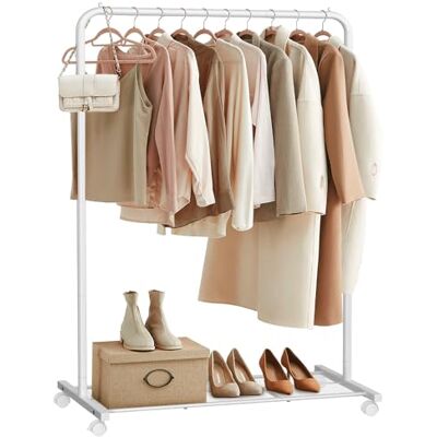 SONGMICS Kleiderständer, Kleiderstange auf Rollen, Garderobenständer Metall, Rollgarderobe 91 cm breit, mit Ablage, 2 Rollen mit Bremse, Stange bis 40 kg belastbar, weiß HSR025W01 SONGMICS Kleiderständer, Kleiderstange auf Rollen, Garderobenständer Metall, Rollgarderobe 91 cm breit, mit Ablage, 2 Rollen mit Bremse, Stange bis 40 kg belastbar, weiß HSR025W01