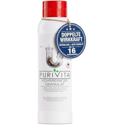 Purivita ® Rohrreiniger Granulat Abflussreiniger Extra Stark, 500 g Rohrfrei gegen Haare, Fett & Verstopfung – für Küche, Bad, Dusche & WC, Drain Cleaner Abflussfrei mit 2-in-1 Geruchsstopp Purivita ® Rohrreiniger Granulat Abflussreiniger Extra Stark, 500 g Rohrfrei gegen Haare, Fett & Verstopfung – für Küche, Bad, Dusche & WC, Drain Cleaner Abflussfrei mit 2-in-1 Geruchsstopp
