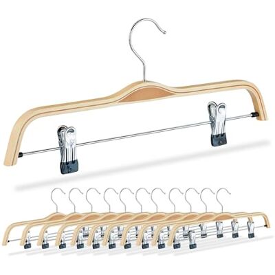 Relaxdays Kleiderbügel Hosen & Röcke, 12er Set, 2 bewegliche Klammern, B: 37,5 cm, Holz, drehbarer Haken, natur/silber Relaxdays Kleiderbügel Hosen & Röcke, 12er Set, 2 bewegliche Klammern, B: 37,5 cm, Holz, drehbarer Haken, natur/silber