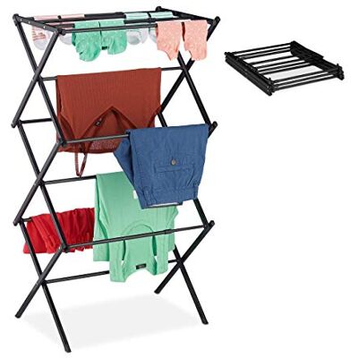 Relaxdays Wäscheständer, klappbar, ausziehbar, 11 Stangen, 6 Ebenen, platzsparender Turmwäscheständer, Metall, schwarz Relaxdays Wäscheständer, klappbar, ausziehbar, 11 Stangen, 6 Ebenen, platzsparender Turmwäscheständer, Metall, schwarz