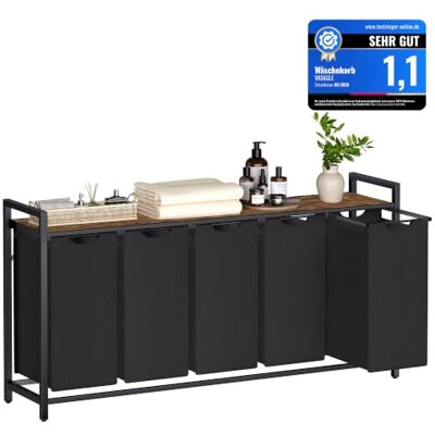 VASAGLE Wäschekorb 5 Fächer, Wäschesammler mit Ablage, Wäschebox, Wäschesack aus Oxford-Gewebe abnehmbar, Metallrahmen, 5 x 40 L, 143,5 x 33 x 72 cm, tintenschwarz-vintagebraun BLH501B01 VASAGLE Wäschekorb 5 Fächer, Wäschesammler mit Ablage, Wäschebox, Wäschesack aus Oxford-Gewebe abnehmbar, Metallrahmen, 5 x 40 L, 143,5 x 33 x 72 cm, tintenschwarz-vintagebraun BLH501B01