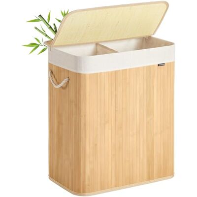 SONGMICS Wäschekorb 2 Fächer, 100 L Wäschesammler mit Deckel, Wäschebox Bambus, mit Griffen, faltbar, Wäschesack herausnehmbar maschinenwaschbar, Waschküche, naturfarben LCB074Y01 SONGMICS Wäschekorb 2 Fächer, 100 L Wäschesammler mit Deckel, Wäschebox Bambus, mit Griffen, faltbar, Wäschesack herausnehmbar maschinenwaschbar, Waschküche, naturfarben LCB074Y01