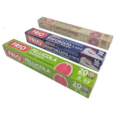 FRIO Küchen-Set 3-in-1: 16m geprägte Alufolie, 20m Frischhaltefolie, 20 Bögen Backpapier Natur (33x38 cm) – Praktisches Spar-Set zum Aufbewahren, Kochen & Schützen von Lebensmitteln FRIO Küchen-Set 3-in-1: 16m geprägte Alufolie, 20m Frischhaltefolie, 20 Bögen Backpapier Natur (33x38 cm) – Praktisches Spar-Set zum Aufbewahren, Kochen & Schützen von Lebensmitteln