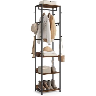 VASAGLE Kleiderständer, Garderobenständer mit Kleiderstange und Haken, Garderobe mit Ablagen, Stahlrahmen, für Kleidung, Taschen, Hüte, tintenschwarz-vintagebraun RCR061BD04 VASAGLE Kleiderständer, Garderobenständer mit Kleiderstange und Haken, Garderobe mit Ablagen, Stahlrahmen, für Kleidung, Taschen, Hüte, tintenschwarz-vintagebraun RCR061BD04