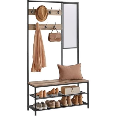 VASAGLE Kleiderständer, Garderobe, Garderobenständer mit Haken, Spiegel, Sitzbank, 35 x 98 x 180 cm, für Eingangsbereich, Schlafzimmer, Wohnzimmer, Industrie-Stil, Kamelbraun-tintenschwarz HSR415K01 VASAGLE Kleiderständer, Garderobe, Garderobenständer mit Haken, Spiegel, Sitzbank, 35 x 98 x 180 cm, für Eingangsbereich, Schlafzimmer, Wohnzimmer, Industrie-Stil, Kamelbraun-tintenschwarz HSR415K01