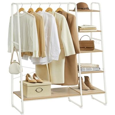 VASAGLE Kleiderständer, Garderobenständer, 45 x 120 x 160 cm Garderobe, Kleiderstange, Schuhablage, offener Kleiderschrank, 6 Haken abnehmbar, Schlafzimmer Flur, eichenfarben-mattweiß RGR116W09 VASAGLE Kleiderständer, Garderobenständer, 45 x 120 x 160 cm Garderobe, Kleiderstange, Schuhablage, offener Kleiderschrank, 6 Haken abnehmbar, Schlafzimmer Flur, eichenfarben-mattweiß RGR116W09