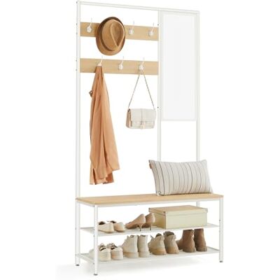 VASAGLE Kleiderständer, Garderobe, Garderobenständer mit Haken, Spiegel, Sitzbank, 35 x 98 x 180 cm, für Eingangsbereich, Schlafzimmer, Wohnzimmer, modern, eichenfarben-weiß HSR415W09 VASAGLE Kleiderständer, Garderobe, Garderobenständer mit Haken, Spiegel, Sitzbank, 35 x 98 x 180 cm, für Eingangsbereich, Schlafzimmer, Wohnzimmer, modern, eichenfarben-weiß HSR415W09