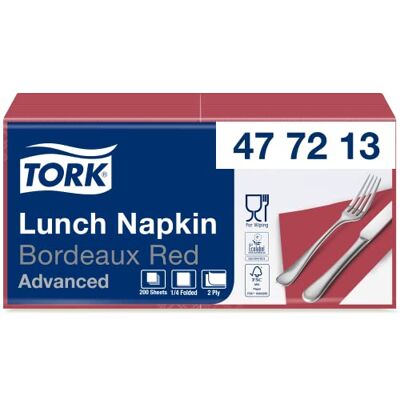 Tork 477213 Lunchservietten Bordeauxrot / 2-lagige Servietten für kleine Gerichte & Snacks / Advanced Qualität / 10 x 200 (2000) Papierservietten / 32,6 x 33 cm (B x L) / 1/4-Falz Tork 477213 Lunchservietten Bordeauxrot / 2-lagige Servietten für kleine Gerichte & Snacks / Advanced Qualität / 10 x 200 (2000) Papierservietten / 32,6 x 33 cm (B x L) / 1/4-Falz