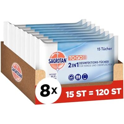 Sagrotan 2in1-Desinfektionstücher Zur Desinfektion von Händen und Oberflächen 8 x 15 Feuchttücher in wiederverschließbarer Verpackung Sagrotan 2in1-Desinfektionstücher Zur Desinfektion von Händen und Oberflächen 8 x 15 Feuchttücher in wiederverschließbarer Verpackung