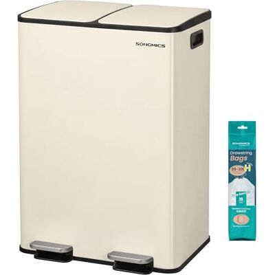 SONGMICS Mülleimer Küche, 2 x 30 Liter, 2 Fächer, Abfalleimer, Tretmülleimer, Küchenmülleimer mit Softclose-Deckel und Inneneimer, Stahl, inklusive 15 Müllbeutel, cremefarben LTB741AZ02 SONGMICS Mülleimer Küche, 2 x 30 Liter, 2 Fächer, Abfalleimer, Tretmülleimer, Küchenmülleimer mit Softclose-Deckel und Inneneimer, Stahl, inklusive 15 Müllbeutel, cremefarben LTB741AZ02