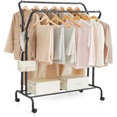 SONGMICS Kleiderständer auf Rollen, 2 Kleiderstangen, Garderobenstange, Garderobenständer aus Stahlrohren, bis 100 kg belastbar, 103,5 cm breit, multifunktionale Aufbewahrung, schwarz HSR107B01 SONGMICS Kleiderständer auf Rollen, 2 Kleiderstangen, Garderobenstange, Garderobenständer aus Stahlrohren, bis 100 kg belastbar, 103,5 cm breit, multifunktionale Aufbewahrung, schwarz HSR107B01