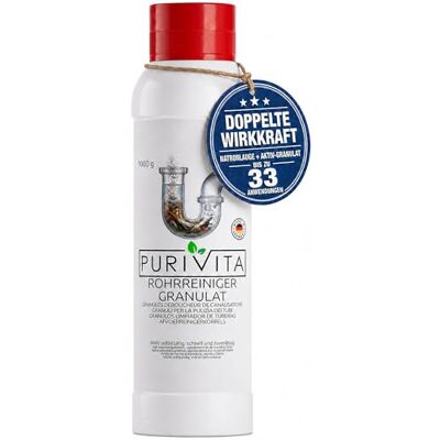 Purivita ® Rohrreiniger Granulat Abflussreiniger Extra Stark, 1000 g Rohrfrei gegen Haare, Fett & Verstopfung – für Küche, Bad, Dusche & WC, Drain Cleaner Abflussfrei mit 2-in-1 Geruchsstopp Purivita ® Rohrreiniger Granulat Abflussreiniger Extra Stark, 1000 g Rohrfrei gegen Haare, Fett & Verstopfung – für Küche, Bad, Dusche & WC, Drain Cleaner Abflussfrei mit 2-in-1 Geruchsstopp