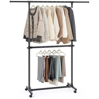 SONGMICS Kleiderständer mit 2 Kleiderstangen, ausziehbare Garderobenstange, mit Rollen, Garderobenständer, höhenverstellbar zwischen 113 und 180 cm, untere Stange verstellbar, schwarz LLR401B01 SONGMICS Kleiderständer mit 2 Kleiderstangen, ausziehbare Garderobenstange, mit Rollen, Garderobenständer, höhenverstellbar zwischen 113 und 180 cm, untere Stange verstellbar, schwarz LLR401B01
