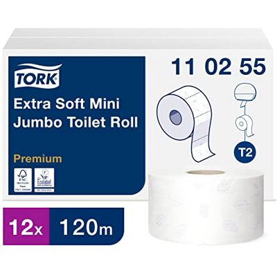 Tork 110255 extra weiches Toilettenpapier in Premium Qualität für das Mini Jumbo T2 Toilettenpapiersystem / Toilettenpapier 3-lagig in Weiß, 12 x 600 Blatt Tork 110255 extra weiches Toilettenpapier in Premium Qualität für das Mini Jumbo T2 Toilettenpapiersystem / Toilettenpapier 3-lagig in Weiß, 12 x 600 Blatt