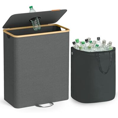 SONGMICS Pfandflaschen-Sammelbehälter, 135 L Pfandflaschen-Behälter, Flaschensammler Leergut, Recycling-Behälter, mit Loch, Deckel, Innensack mit Griffen, Küche, schiefergrau-naturbeige RRB513G01 SONGMICS Pfandflaschen-Sammelbehälter, 135 L Pfandflaschen-Behälter, Flaschensammler Leergut, Recycling-Behälter, mit Loch, Deckel, Innensack mit Griffen, Küche, schiefergrau-naturbeige RRB513G01