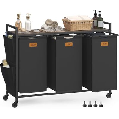 VASAGLE Wäschekorb 3 Fächer, 150 L, Wäschewagen mit Ablage, Rollen Wäschesammler/-sortierer/-sack, kleine seitliche Taschen, 6 Etiketten, tintenschwarz-aschbraun, STEVIE Kollektion BLH223BH01 VASAGLE Wäschekorb 3 Fächer, 150 L, Wäschewagen mit Ablage, Rollen Wäschesammler/-sortierer/-sack, kleine seitliche Taschen, 6 Etiketten, tintenschwarz-aschbraun, STEVIE Kollektion BLH223BH01
