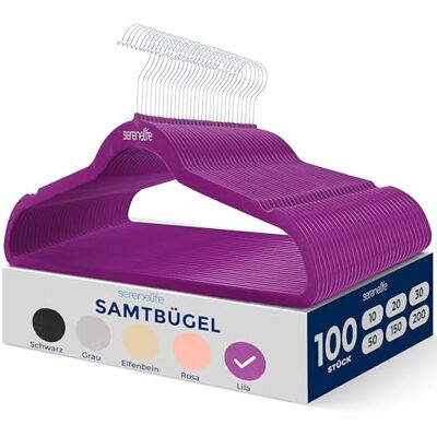 SereneLife Samt-Kleiderbügel – 100er Set Bügel in Lila – rutschfest & Platzsparend mit 360° drehbarem Haken und Einkerbungen – Ideal für Blusen, Anzüge & Kleiderschrank-Organisation SereneLife Samt-Kleiderbügel – 100er Set Bügel in Lila – rutschfest & Platzsparend mit 360° drehbarem Haken und Einkerbungen – Ideal für Blusen, Anzüge & Kleiderschrank-Organisation