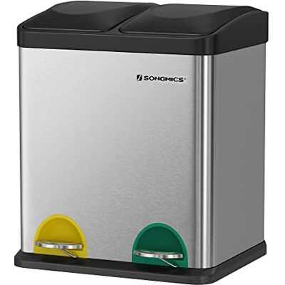 SONGMICS Mülleimer 30 Liter, Mülltrennung, 2 x 15 Liter, Abfalleimer, Treteimer mit Inneneimern, farbigen Pedalen, Mülltrennsystem für die Küche, silbern-schwarz LTB30L SONGMICS Mülleimer 30 Liter, Mülltrennung, 2 x 15 Liter, Abfalleimer, Treteimer mit Inneneimern, farbigen Pedalen, Mülltrennsystem für die Küche, silbern-schwarz LTB30L