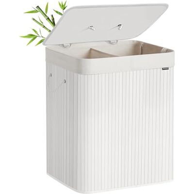 SONGMICS Wäschekorb mit Deckel, 120 Liter, aus Bambus, faltbar Wäschesammler, Wäschesack herausnehmbar und maschinenwaschbar, mit Griffen, weiß, RONEX Kollektion LCB014W01 SONGMICS Wäschekorb mit Deckel, 120 Liter, aus Bambus, faltbar Wäschesammler, Wäschesack herausnehmbar und maschinenwaschbar, mit Griffen, weiß, RONEX Kollektion LCB014W01