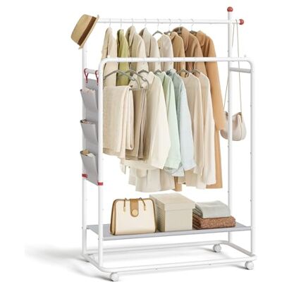 SONGMICS HOME Kleiderständer auf Rollen, Garderobenständer, 2 Kleiderstangen, Ablagefläche, seitlicher Organizer, Haken in Streichholz-Form, stabil, Schlafzimmer, Flur, mattweiß HSR171W01 SONGMICS HOME Kleiderständer auf Rollen, Garderobenständer, 2 Kleiderstangen, Ablagefläche, seitlicher Organizer, Haken in Streichholz-Form, stabil, Schlafzimmer, Flur, mattweiß HSR171W01