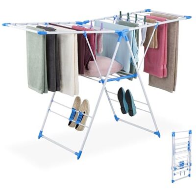 Relaxdays Wäscheständer klappbar, 2 Flügel, 2 Ebenen, Flügelwäscheständer, HBT: 99x155x61cm, Wäschetrockner, weiß/blau Relaxdays Wäscheständer klappbar, 2 Flügel, 2 Ebenen, Flügelwäscheständer, HBT: 99x155x61cm, Wäschetrockner, weiß/blau