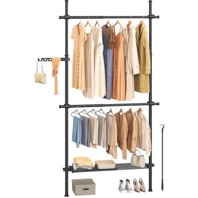 SONGMICS Teleskopstange Kleiderständer, 3-stufige Garderobe, höhen- und breitenverstellbar, offener Kleiderschrank mit 2 Kleiderstangen und Abnehmbarer Ablage, Greifarm, Mattschwarz HSR136B01 SONGMICS Teleskopstange Kleiderständer, 3-stufige Garderobe, höhen- und breitenverstellbar, offener Kleiderschrank mit 2 Kleiderstangen und Abnehmbarer Ablage, Greifarm, Mattschwarz HSR136B01