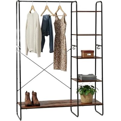 Relaxdays Kleiderständer, 6 Ablagen, Kleiderstange, 6 Haken, Industrial, 160x120x45 cm, Garderobenständer, schwarz/braun Relaxdays Kleiderständer, 6 Ablagen, Kleiderstange, 6 Haken, Industrial, 160x120x45 cm, Garderobenständer, schwarz/braun