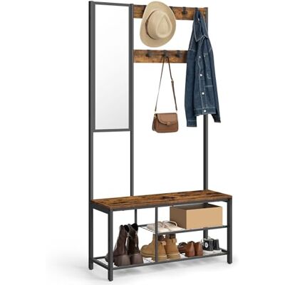 VASAGLE Garderobenständer, Garderobe mit Haken, Kleiderständer mit Spiegel, Schuhbank und Ablagen, 36 x 98 x 185 cm, für Flur, Schlafzimmer, Wohnzimmer, vintagebraun-schwarz HSRAM050B01 VASAGLE Garderobenständer, Garderobe mit Haken, Kleiderständer mit Spiegel, Schuhbank und Ablagen, 36 x 98 x 185 cm, für Flur, Schlafzimmer, Wohnzimmer, vintagebraun-schwarz HSRAM050B01