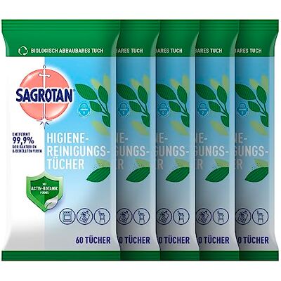Sagrotan Hygienereinigungstücher – Für die praktische Reinigung und Desinfektion von Oberflächen – 5 x 60 Feuchttücher in wiederverschließbarer Verpackung Sagrotan Hygienereinigungstücher – Für die praktische Reinigung und Desinfektion von Oberflächen – 5 x 60 Feuchttücher in wiederverschließbarer Verpackung