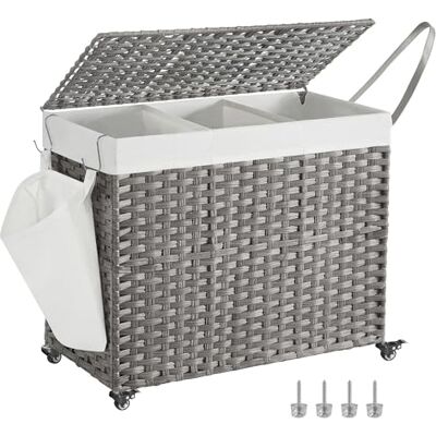 SONGMICS Wäschekorb mit Deckel, 160 L, Wäschesammler 3 Fächer, Wäschesortierer mit Rollen, in Rattan-Optik, Wäschesack herausnehmbar, für Waschküche, 76 x 33 x 66 cm, grau LCB365G01 SONGMICS Wäschekorb mit Deckel, 160 L, Wäschesammler 3 Fächer, Wäschesortierer mit Rollen, in Rattan-Optik, Wäschesack herausnehmbar, für Waschküche, 76 x 33 x 66 cm, grau LCB365G01