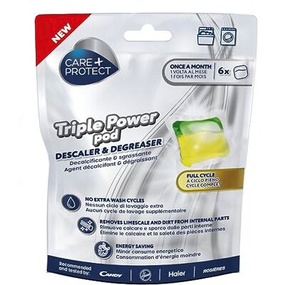 CARE + PROTECT Triple Power Pod Entkalker & Entfetter für Waschmaschinen-Geschirrspüler, Hygienisch, Reiniger, Energiesparlösung, 1 Packung mit 6 Pods, 6 Monate Schutz CARE + PROTECT Triple Power Pod Entkalker & Entfetter für Waschmaschinen-Geschirrspüler, Hygienisch, Reiniger, Energiesparlösung, 1 Packung mit 6 Pods, 6 Monate Schutz
