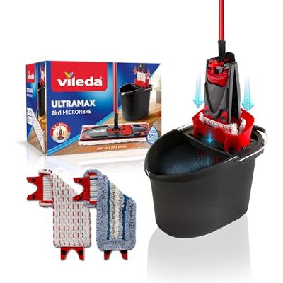 Vileda Ultramax Bodenwischer Komplett Set mit 2 Mikrofaserbezügen, 2in1 für alle Hartböden + Tiles Care Bezug speziell für Fliesen, Wischmopp Set mit Stiel und Eimer mit PowerPresse Vileda Ultramax Bodenwischer Komplett Set mit 2 Mikrofaserbezügen, 2in1 für alle Hartböden + Tiles Care Bezug speziell für Fliesen, Wischmopp Set mit Stiel und Eimer mit PowerPresse